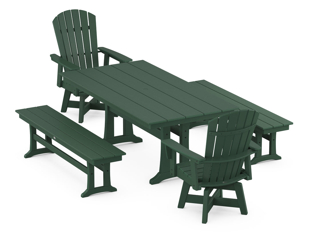 POLYWOOD® Nautical Curveback Adirondack Swivel Chair 5-Piece Farmhouse Dining Set With Trestle Legs and Benches
