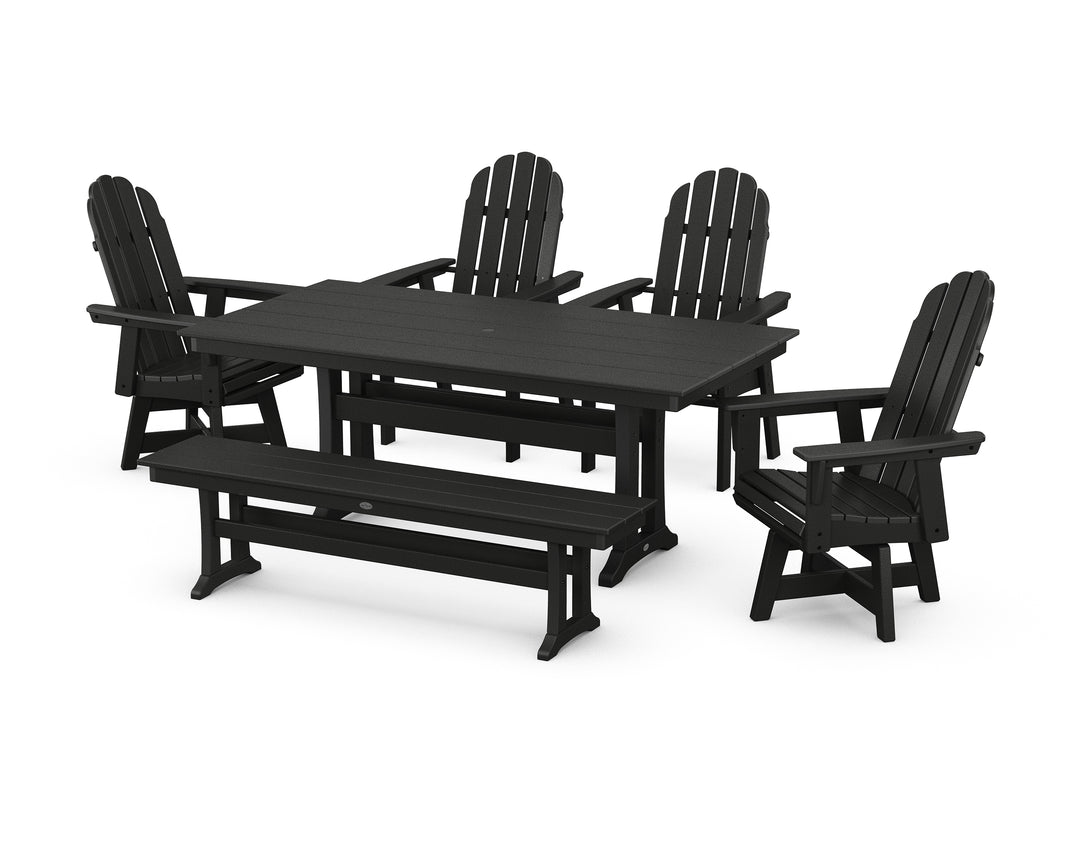POLYWOOD® Vineyard Curveback Adirondack 6-Piece Swivel Chair Farmhouse Dining Set with Trestle Legs and Bench