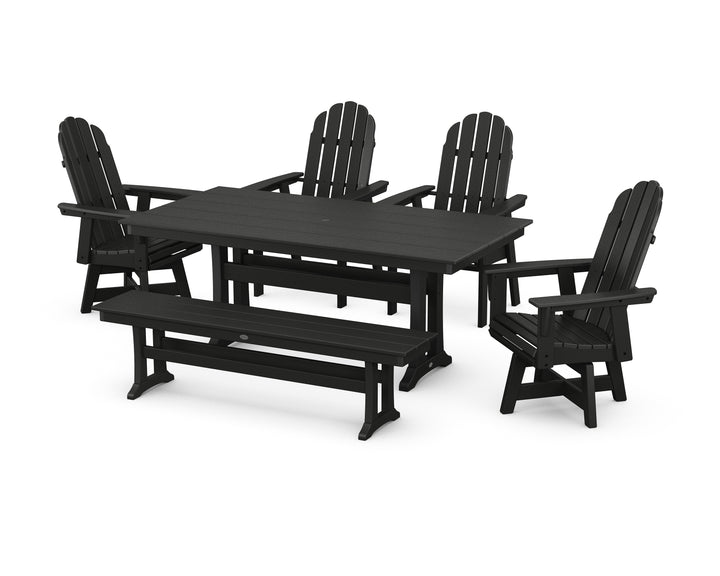 POLYWOOD® Vineyard Curveback Adirondack 6-Piece Swivel Chair Farmhouse Dining Set with Trestle Legs and Bench