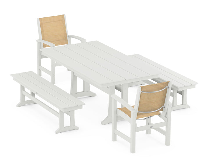 POLYWOOD® Coastal 5-Piece Farmhouse Dining Set with Trestle Legs and Benches