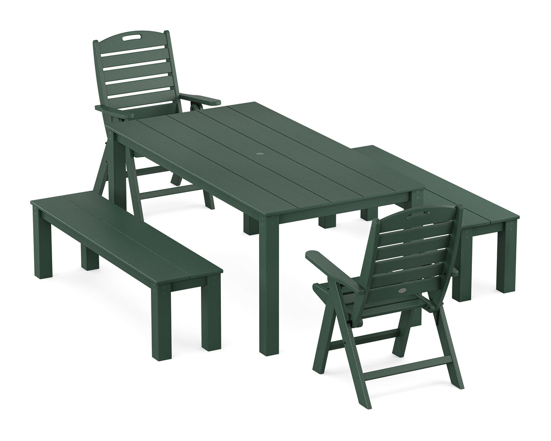 POLYWOOD® Nautical Folding Highback Chair 5-Piece Parsons Dining Set with Benches