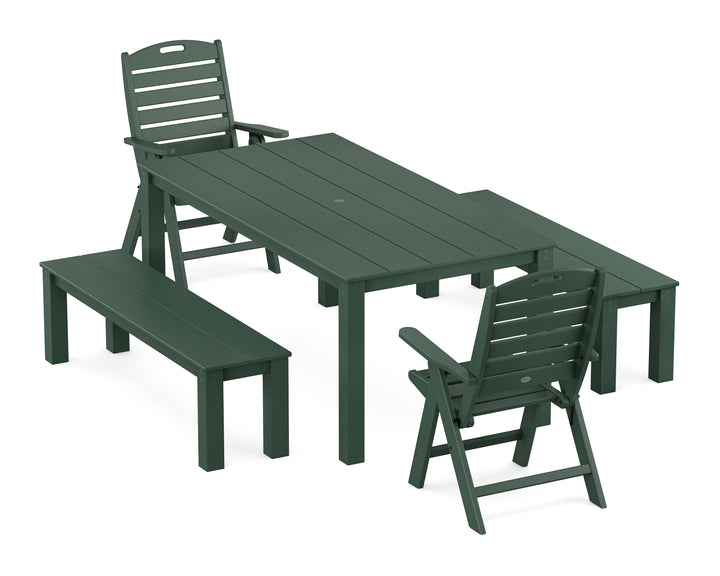 POLYWOOD® Nautical Folding Highback Chair 5-Piece Parsons Dining Set with Benches