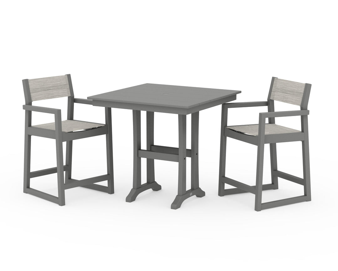 POLYWOOD® EDGE Sling Arm Chair 3-Piece Farmhouse Counter Set with Trestle Legs