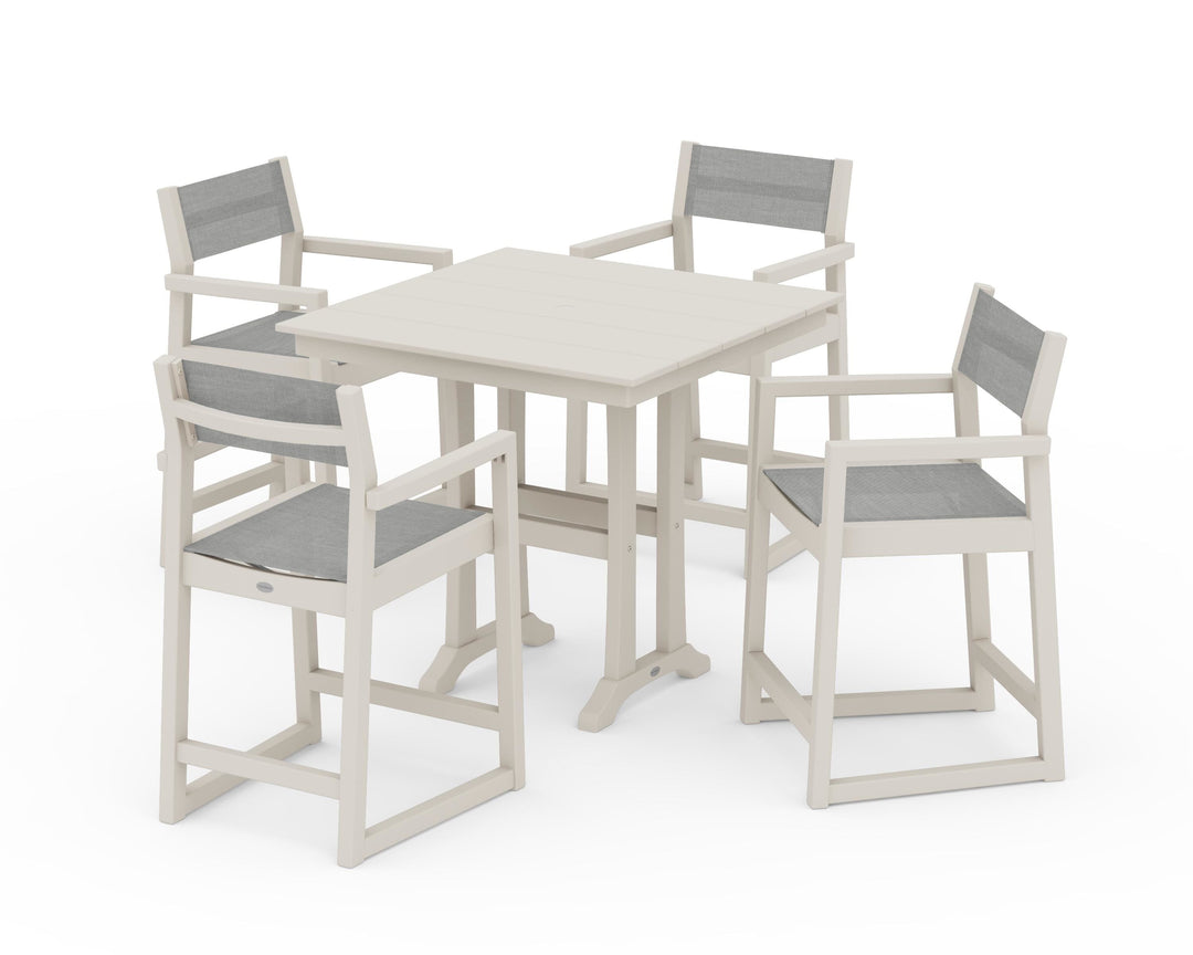 POLYWOOD® EDGE Sling Arm Chair 5-Piece Farmhouse Counter Set with Trestle Legs