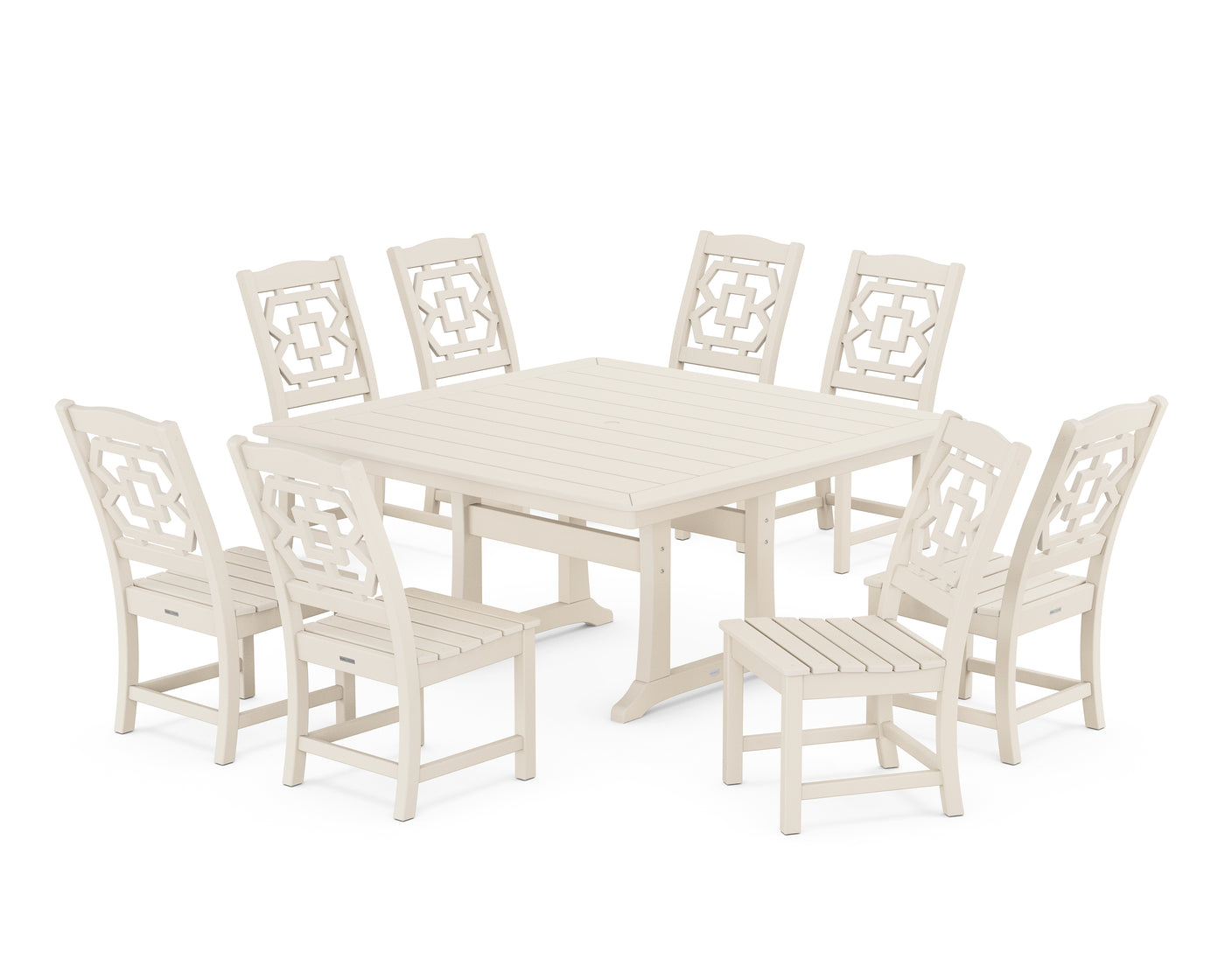 Chinoiserie 9-Piece Square Side Chair Dining Set with Trestle Legs