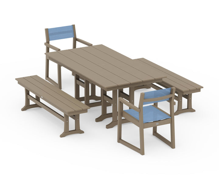 POLYWOOD® EDGE Sling Arm Chair 5-Piece Farmhouse Dining Set with Benches