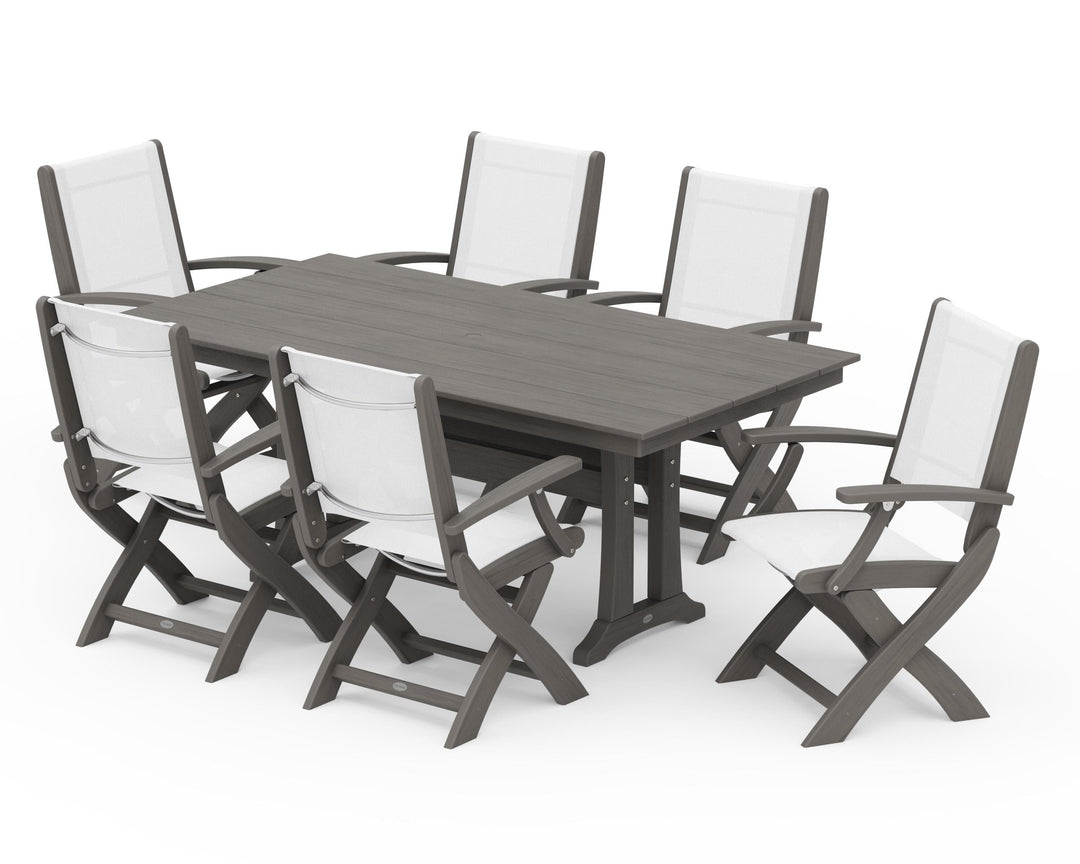 POLYWOOD® Coastal Folding Arm Chair 7-Piece Farmhouse Dining Set with Trestle Legs