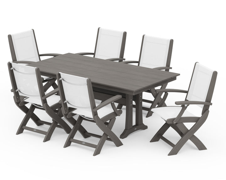 POLYWOOD® Coastal Folding Arm Chair 7-Piece Farmhouse Dining Set with Trestle Legs