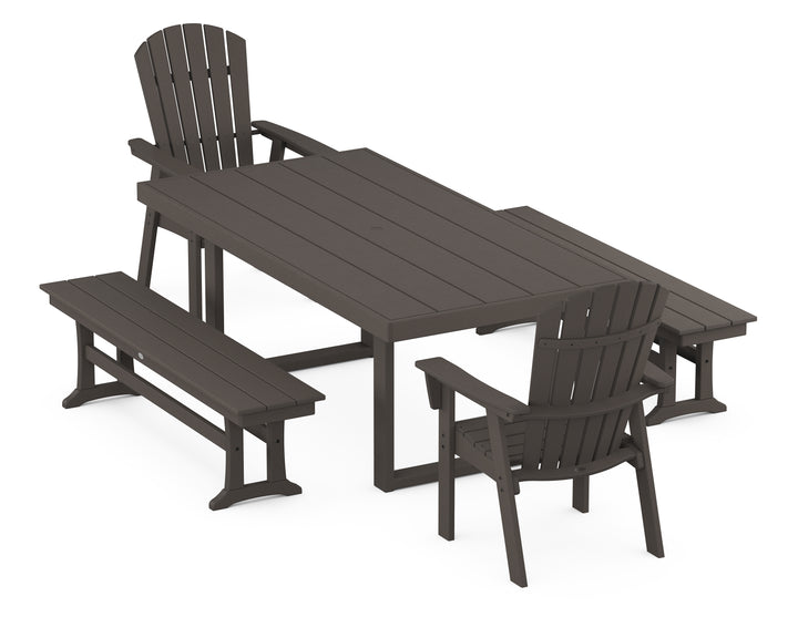 POLYWOOD® Nautical Curveback Adirondack 5-Piece Dining Set with Benches