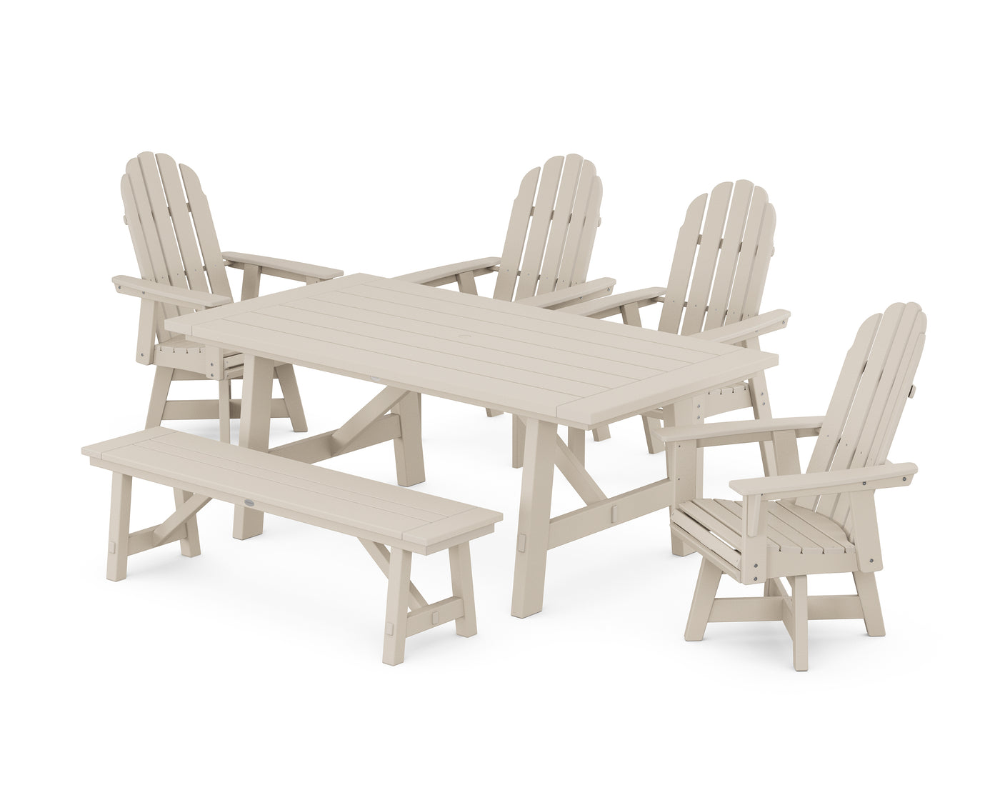 Vineyard Curveback Adirondack Swivel Chair 6-Piece Rustic Farmhouse Dining Set With Bench