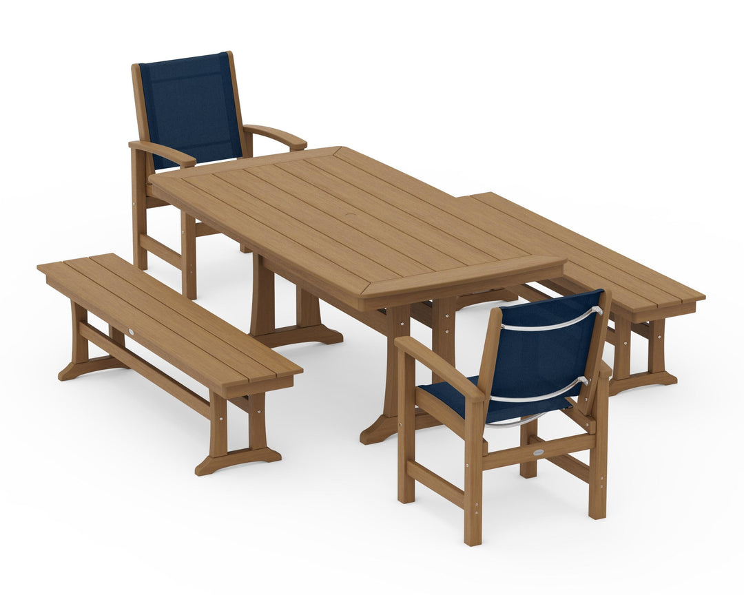 POLYWOOD® Coastal 5-Piece Dining Set with Trestle Legs and Benches