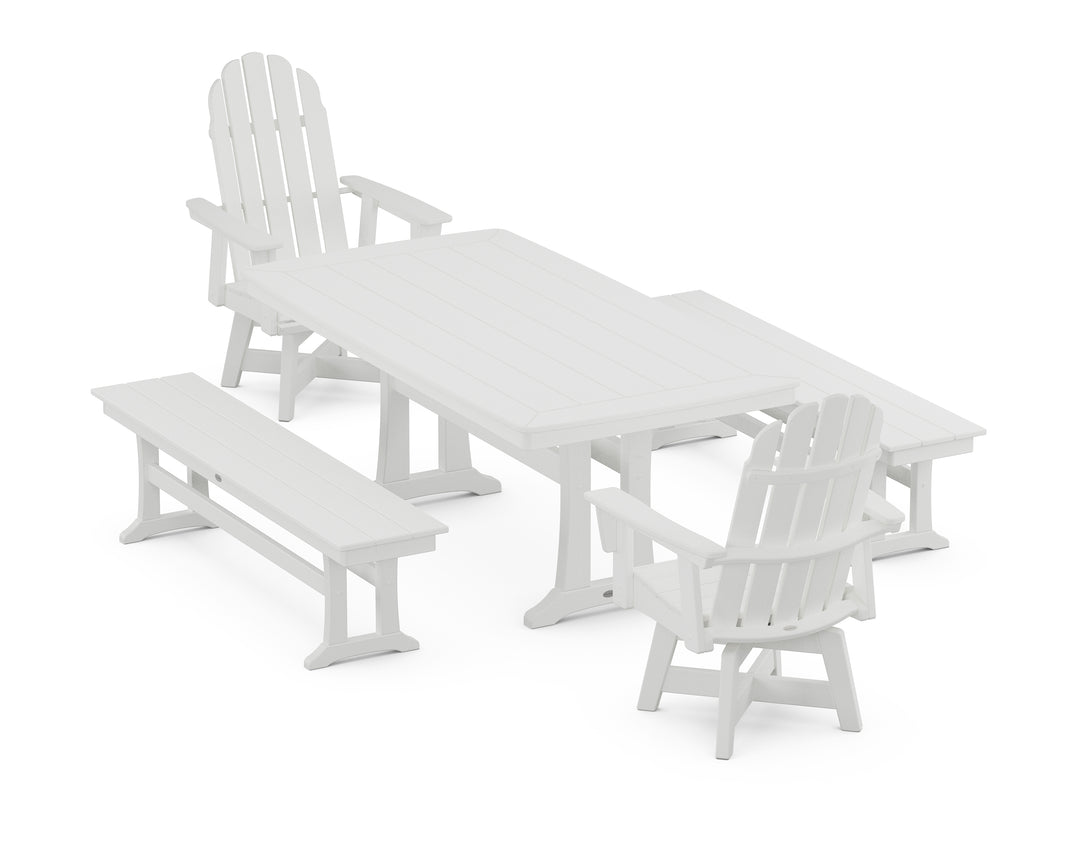 POLYWOOD® Vineyard Adirondack Swivel Chair 5-Piece Dining Set with Trestle Legs and Benches
