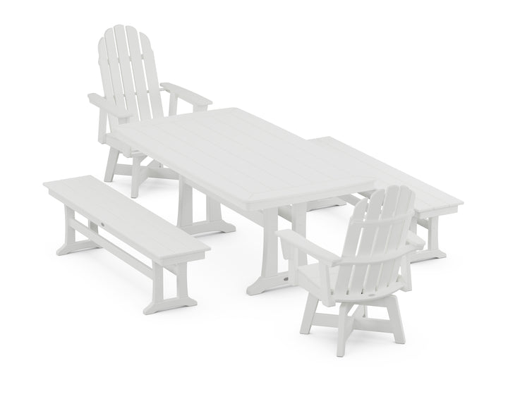 POLYWOOD® Vineyard Adirondack Swivel Chair 5-Piece Dining Set with Trestle Legs and Benches
