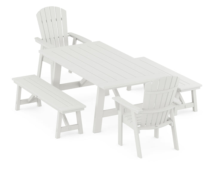 POLYWOOD® Nautical Curveback Adirondack 5-Piece Rustic Farmhouse Dining Set With Benches