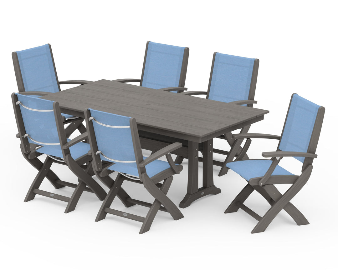 POLYWOOD® Coastal Folding Arm Chair 7-Piece Farmhouse Dining Set with Trestle Legs