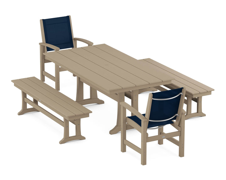 POLYWOOD® Coastal 5-Piece Farmhouse Dining Set with Trestle Legs and Benches