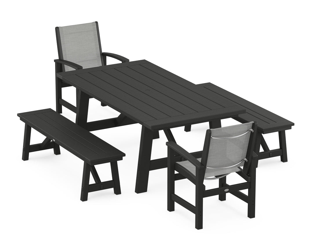 POLYWOOD® Coastal 5-Piece Rustic Farmhouse Dining Set With Benches