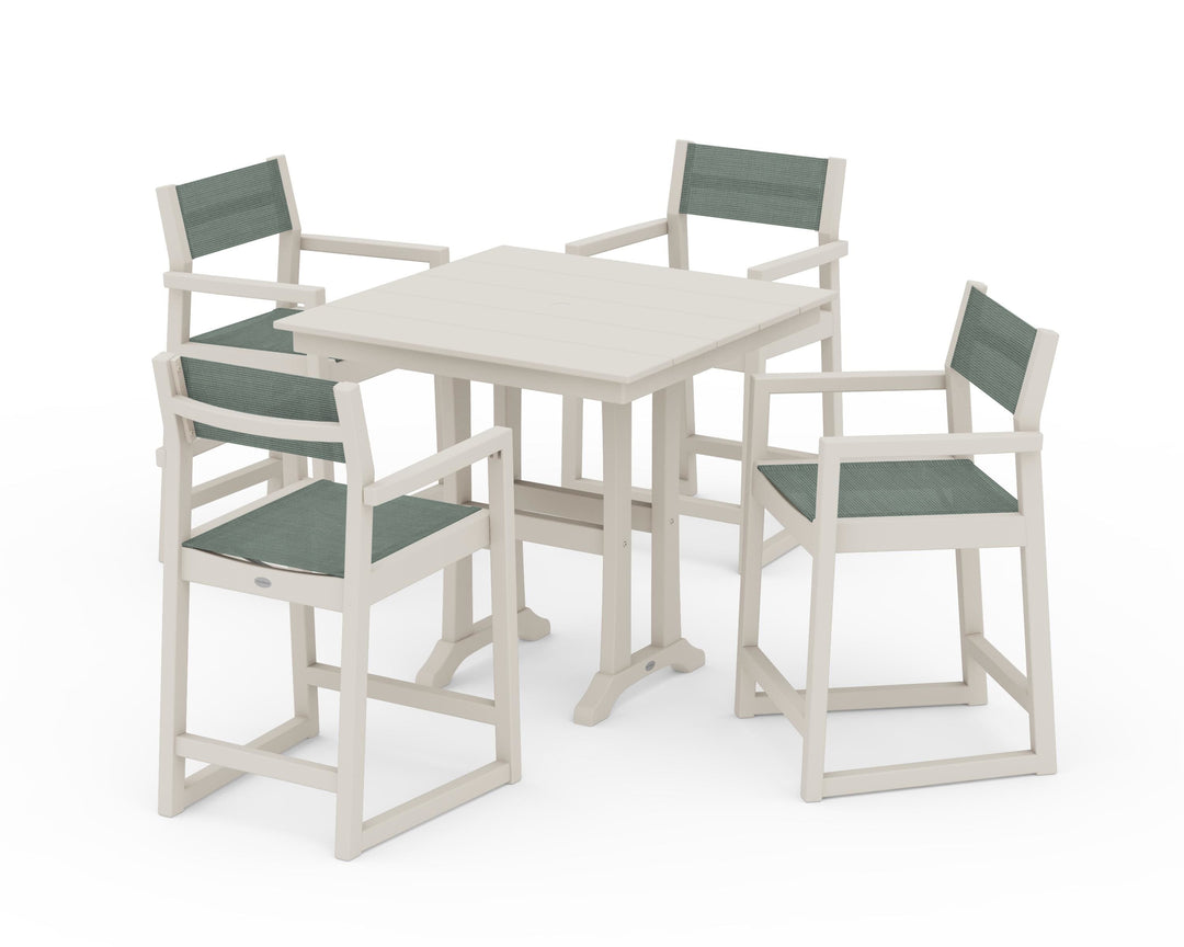 POLYWOOD® EDGE Sling Arm Chair 5-Piece Farmhouse Counter Set with Trestle Legs