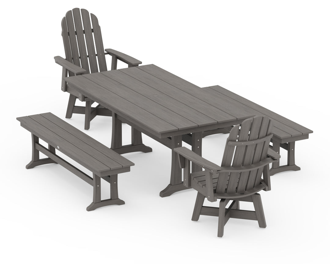 POLYWOOD® Vineyard Curveback Adirondack Swivel Chair 5-Piece Farmhouse Dining Set With Trestle Legs and Benches