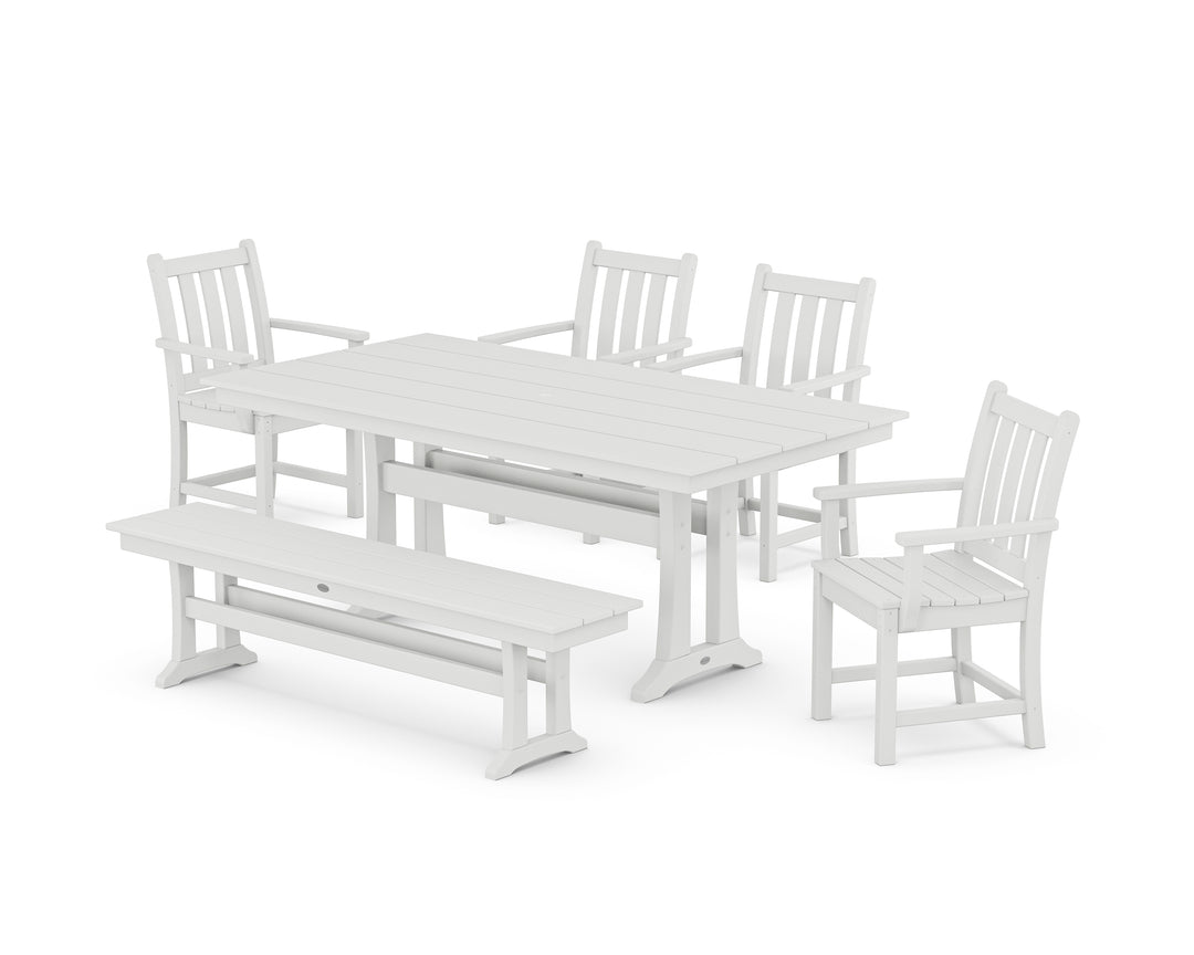 POLYWOOD® Traditional Garden Arm Chair 6-Piece Farmhouse Dining Set with Trestle Legs and Bench