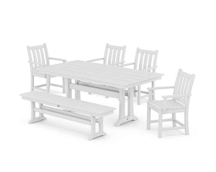 POLYWOOD® Traditional Garden Arm Chair 6-Piece Farmhouse Dining Set with Trestle Legs and Bench