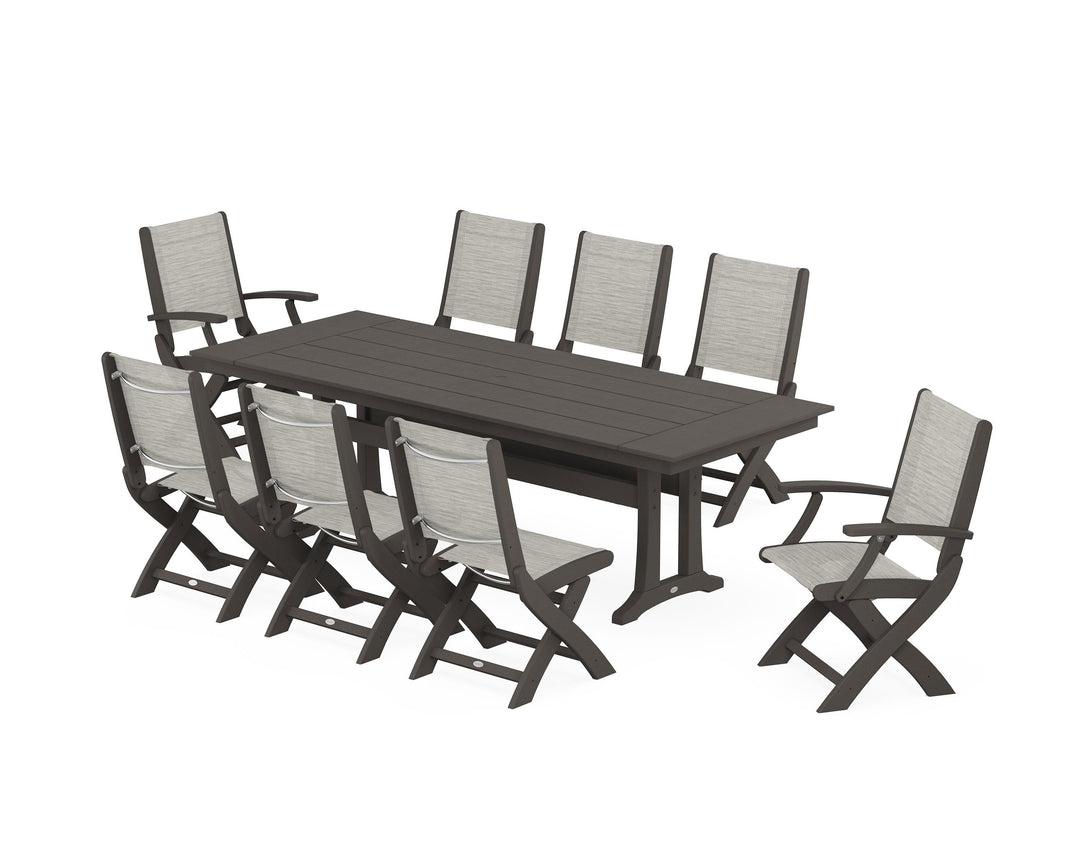 POLYWOOD® Coastal 9-Piece Folding Dining Chair Farmhouse Dining Set with Trestle Legs