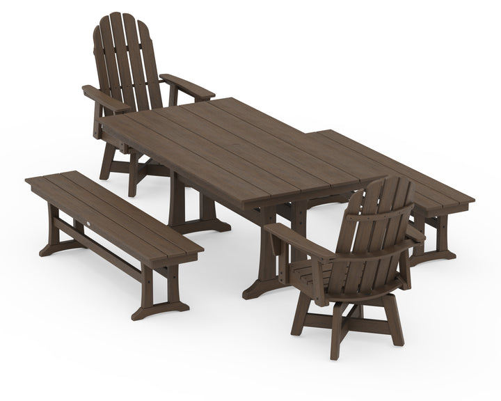 POLYWOOD® Vineyard Curveback Adirondack Swivel Chair 5-Piece Farmhouse Dining Set With Trestle Legs and Benches