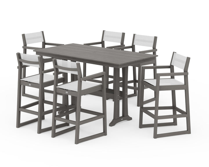 POLYWOOD® EDGE Sling Arm Chair 7-Piece Farmhouse Bar Set with Trestle Legs