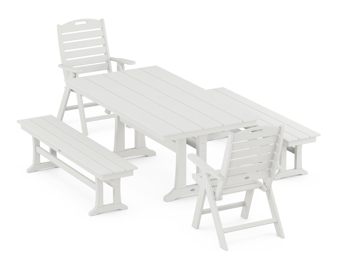 POLYWOOD® Nautical Folding Highback Chair 5-Piece Farmhouse Dining Set With Trestle Legs and Benches
