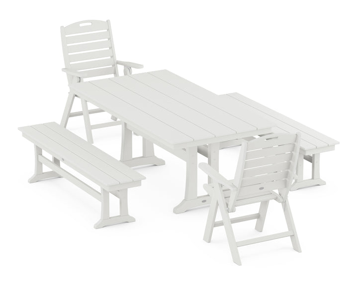 POLYWOOD® Nautical Folding Highback Chair 5-Piece Farmhouse Dining Set With Trestle Legs and Benches