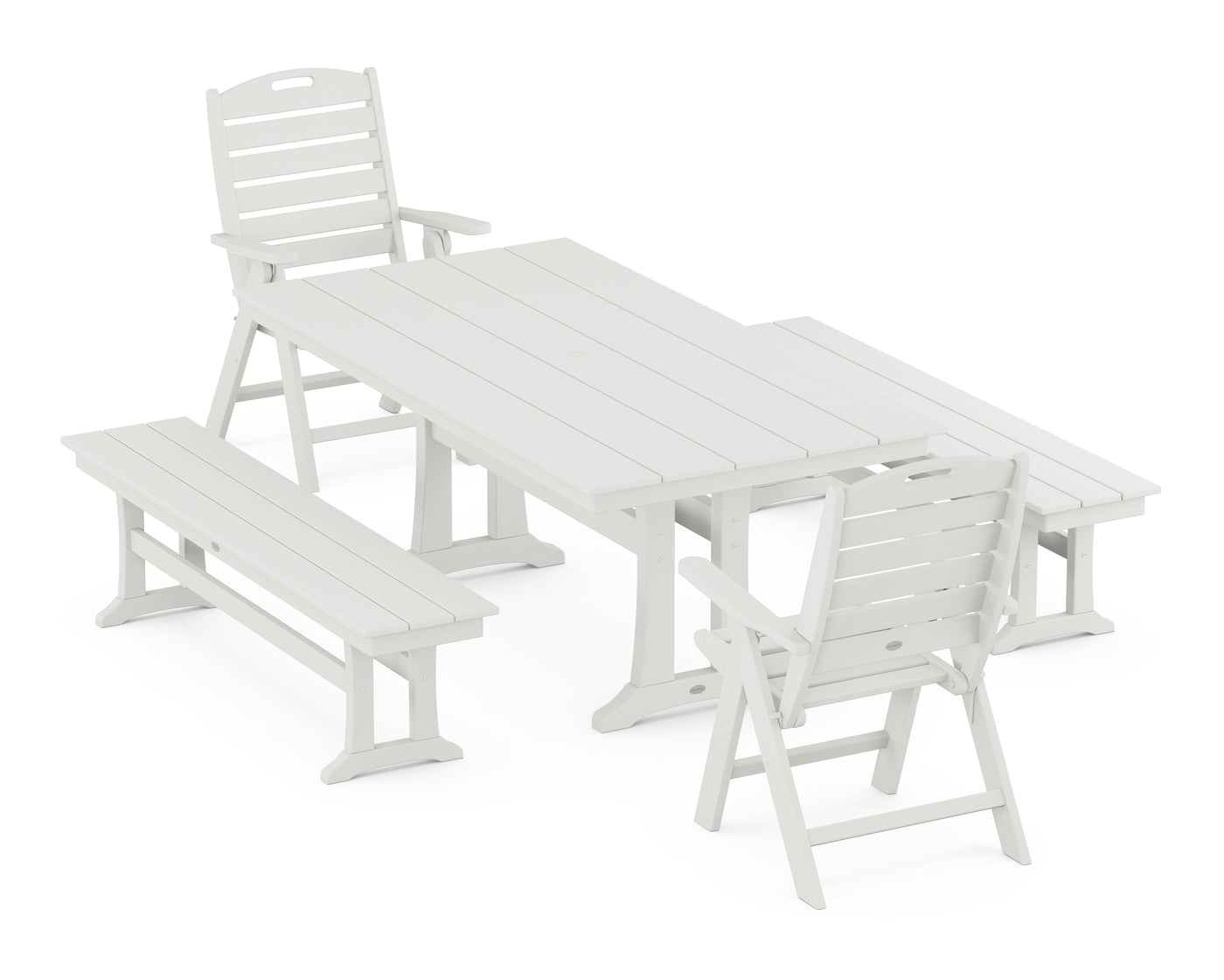 Nautical Folding Highback Chair 5-Piece Farmhouse Dining Set With Trestle Legs and Benches