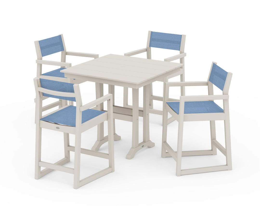 POLYWOOD® EDGE Sling Arm Chair 5-Piece Farmhouse Counter Set with Trestle Legs