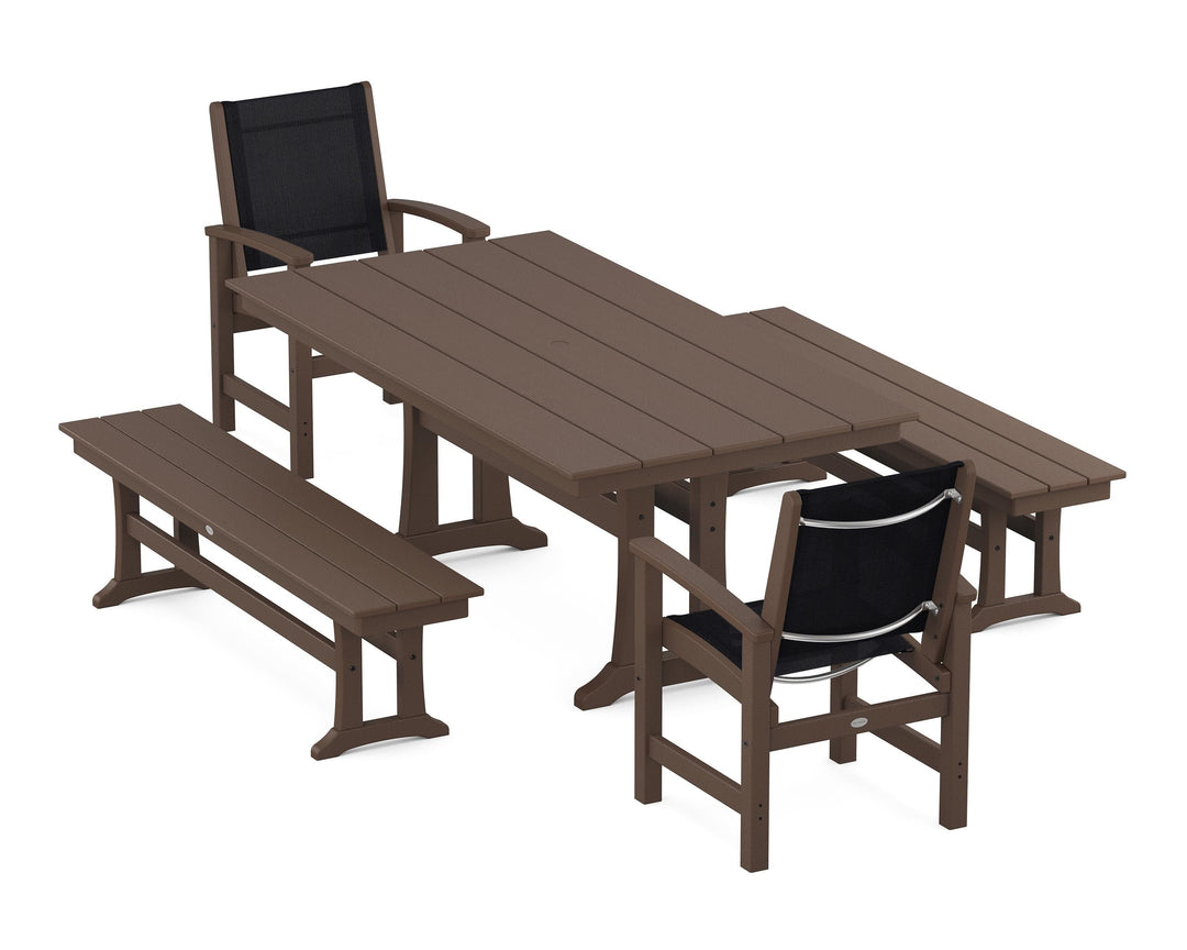 POLYWOOD® Coastal 5-Piece Farmhouse Dining Set with Trestle Legs and Benches