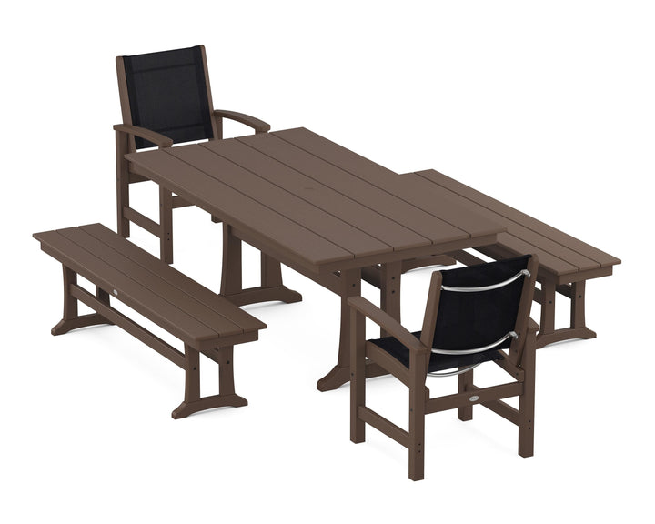 POLYWOOD® Coastal 5-Piece Farmhouse Dining Set with Trestle Legs and Benches