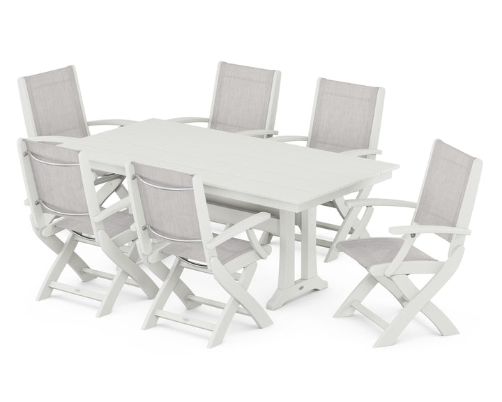 POLYWOOD® Coastal Folding Arm Chair 7-Piece Farmhouse Dining Set with Trestle Legs