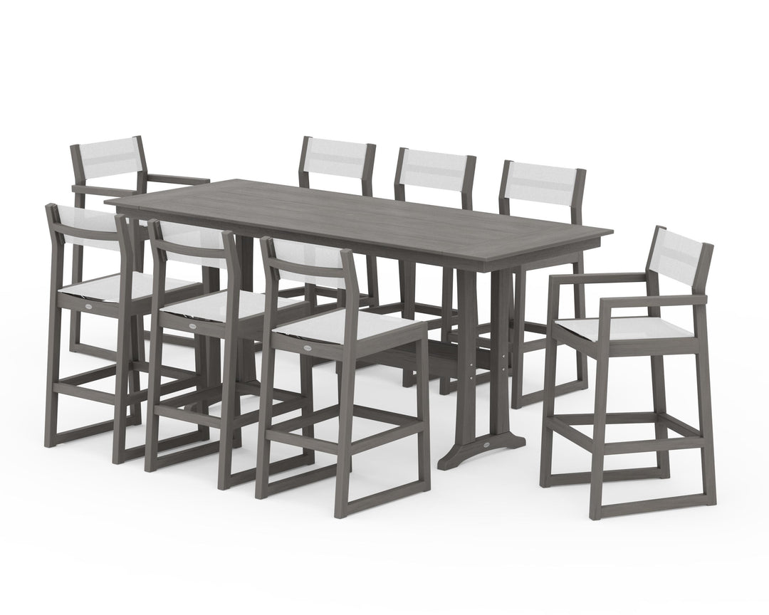 POLYWOOD® EDGE Sling 9-Piece Farmhouse Bar Set with Trestle Legs