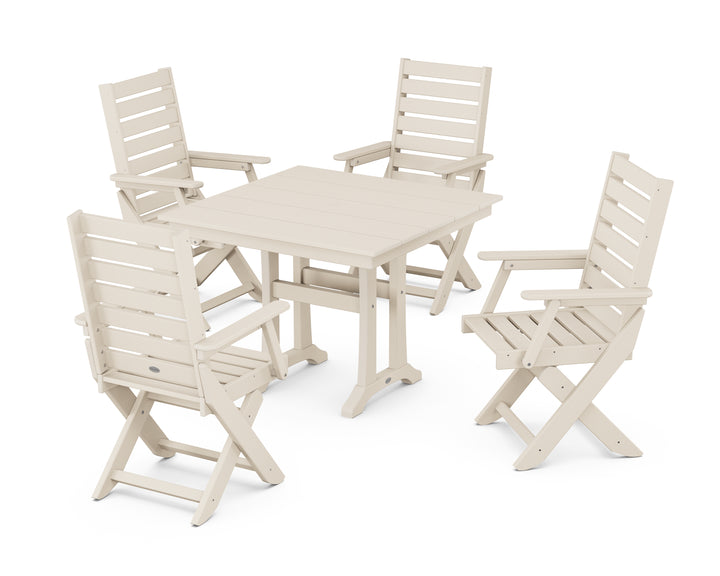POLYWOOD® Captain Folding Chair 5-Piece Farmhouse Dining Set With Trestle Legs