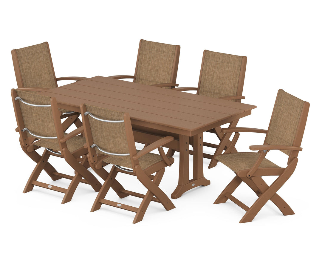 POLYWOOD® Coastal Folding Arm Chair 7-Piece Farmhouse Dining Set with Trestle Legs