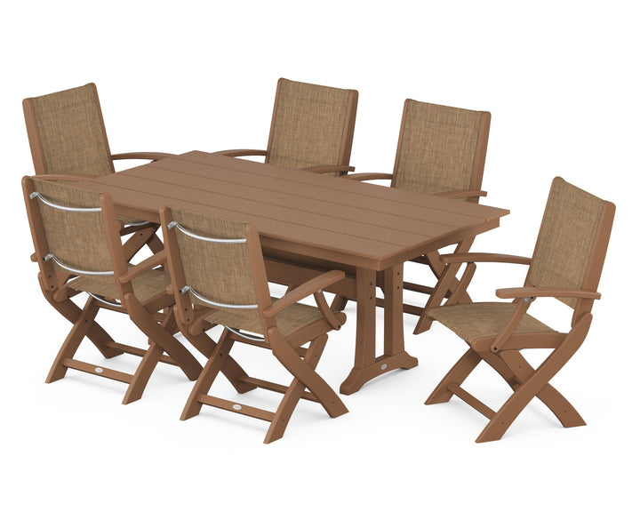 POLYWOOD® Coastal Folding Arm Chair 7-Piece Farmhouse Dining Set with Trestle Legs