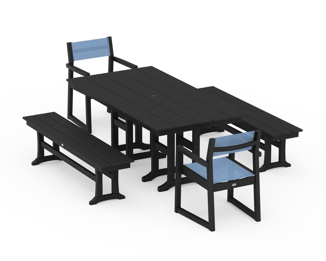 POLYWOOD® EDGE Sling Arm Chair 5-Piece Farmhouse Dining Set with Benches