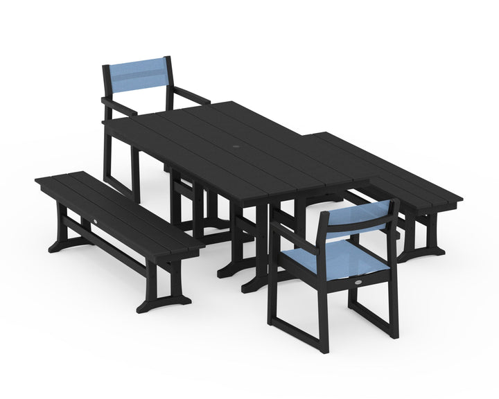 POLYWOOD® EDGE Sling Arm Chair 5-Piece Farmhouse Dining Set with Benches