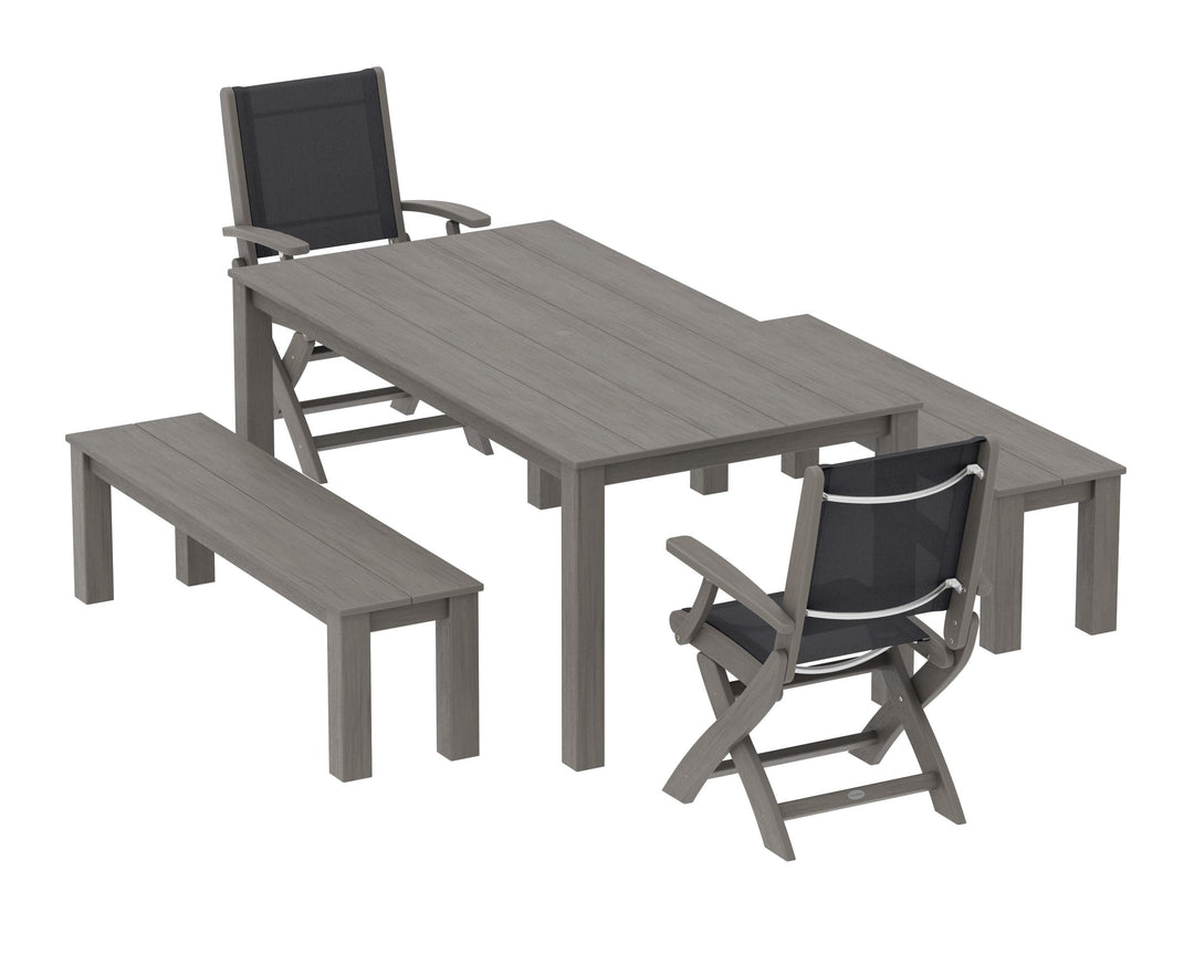 POLYWOOD® Coastal Folding Chair 5-Piece Parsons Dining Set with Benches