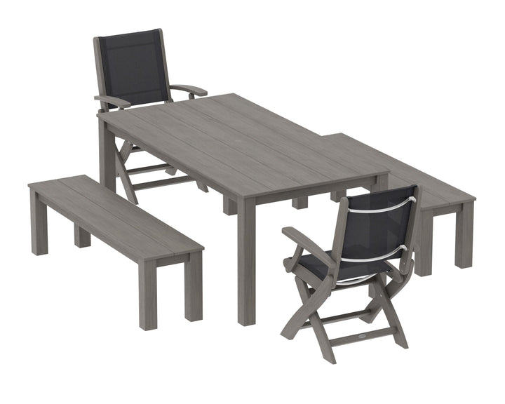 POLYWOOD® Coastal Folding Chair 5-Piece Parsons Dining Set with Benches