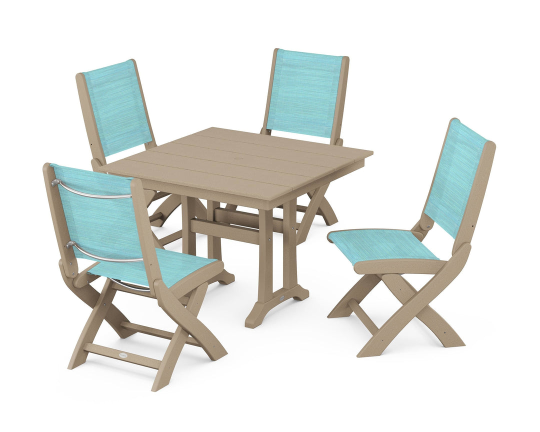 POLYWOOD® Coastal Folding Side Chair 5-Piece Farmhouse Dining Set With Trestle Legs