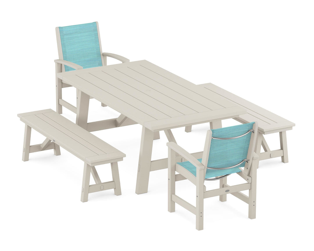 POLYWOOD® Coastal 5-Piece Rustic Farmhouse Dining Set With Benches