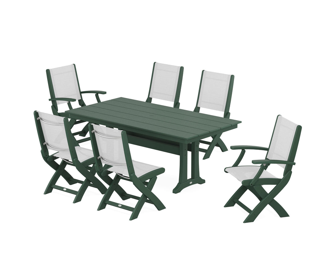 POLYWOOD® Coastal Folding Chair 7-Piece Farmhouse Dining Set with Trestle Legs