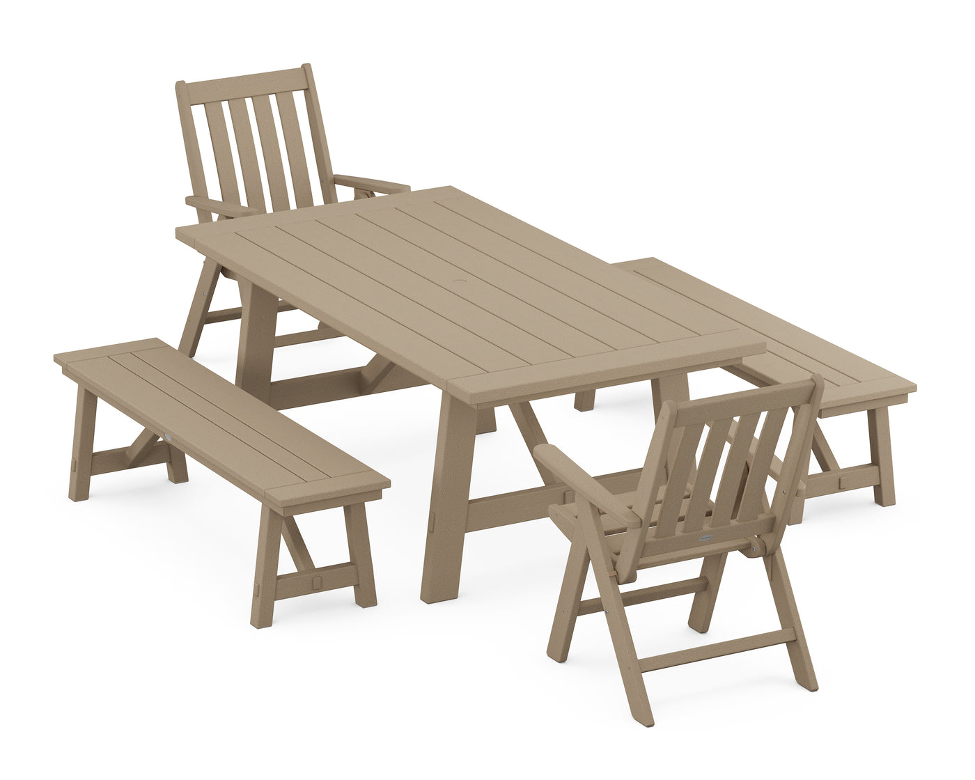 Vineyard Folding Chair 5-Piece Rustic Farmhouse Dining Set With Benches