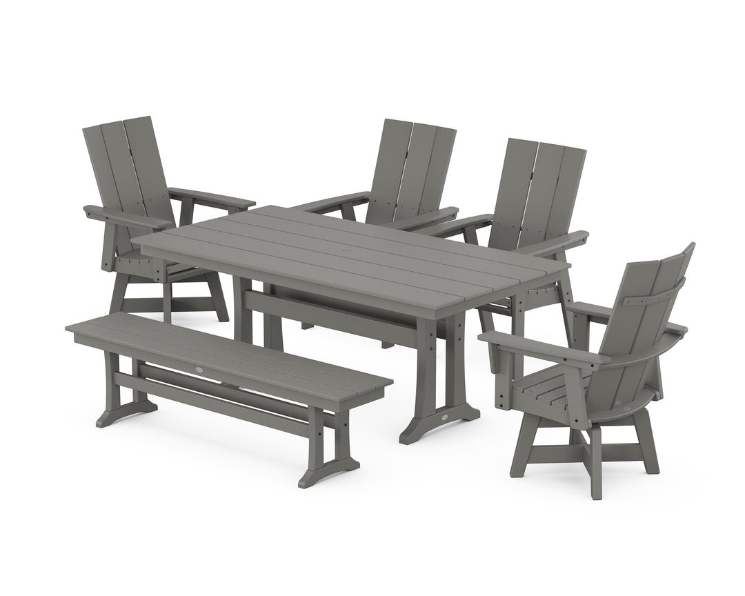 POLYWOOD® Modern Curveback Adirondack Swivel Chair 6-Piece Farmhouse Dining Set With Trestle Legs and Bench