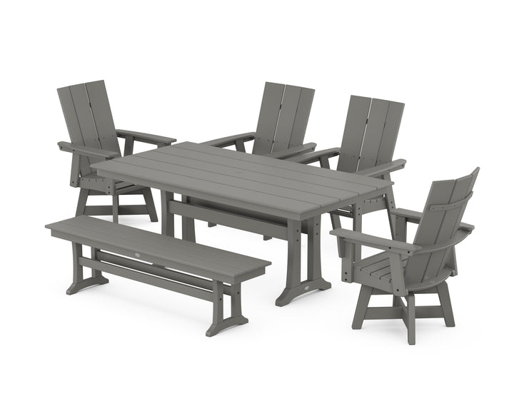 POLYWOOD® Modern Curveback Adirondack Swivel Chair 6-Piece Farmhouse Dining Set With Trestle Legs and Bench
