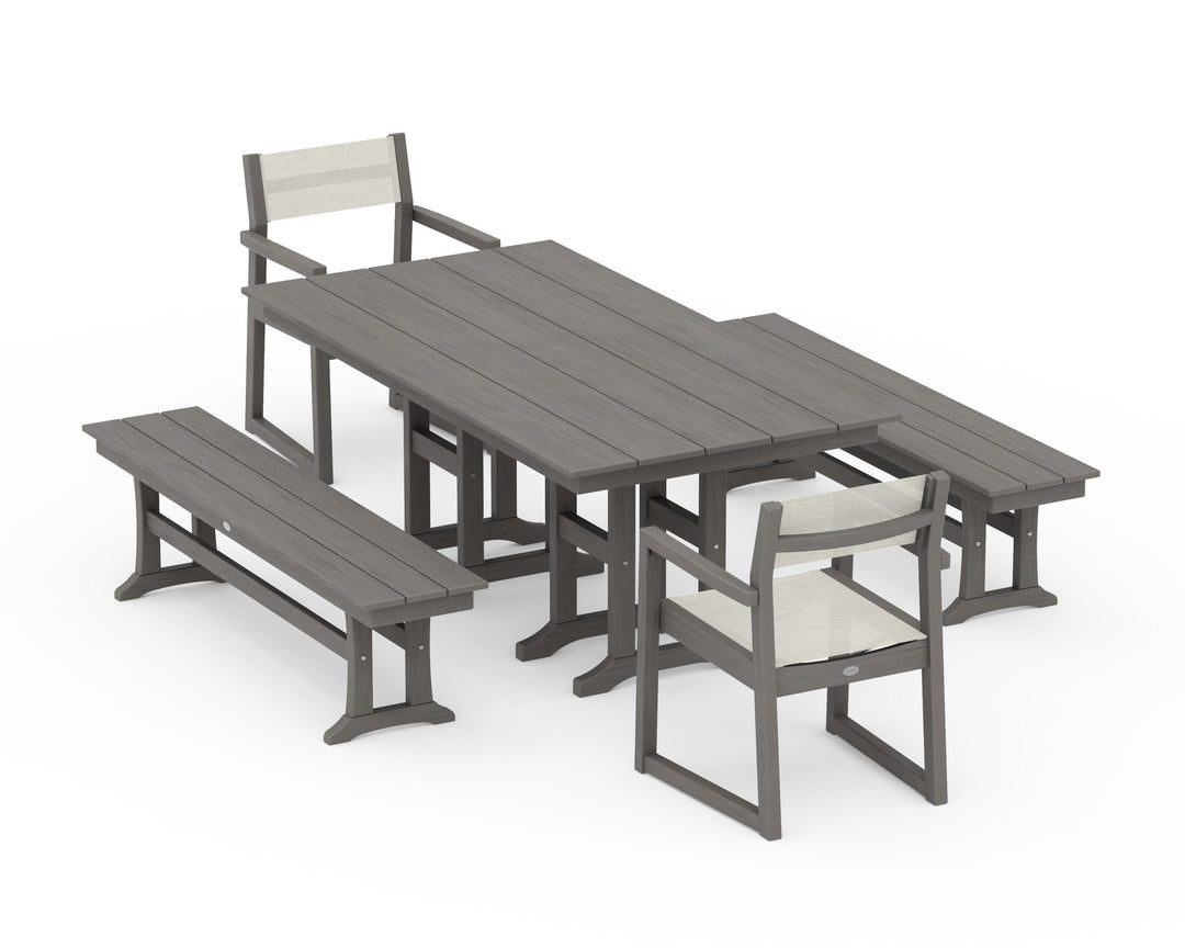 POLYWOOD® EDGE Sling Arm Chair 5-Piece Farmhouse Dining Set with Benches